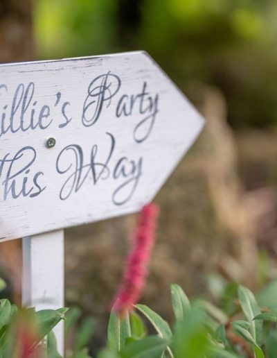 a wooden sign pointing the way to a summer party in the surrey hills photographed by surrey social stock photography