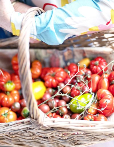 a woman holding a basket of fresh tomatoes during a personal brand photography shoot in surrey