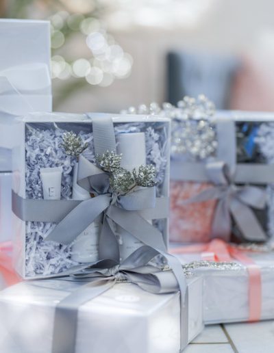christmas gifts wrapped for lisa franklin skincare during a product photography shoot in london