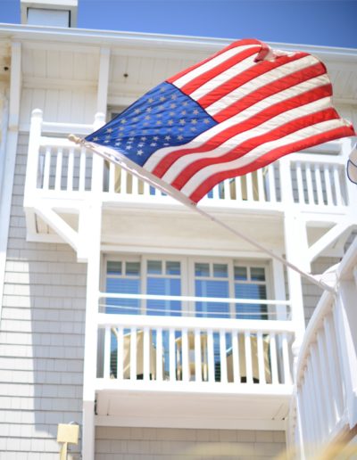 an american flag flies outside shutters on the beach in LA