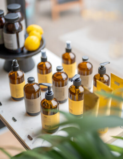 hair products in a hair salon window